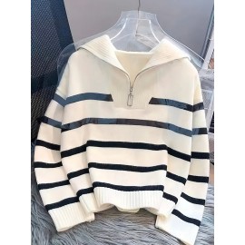 Women's Elegant White & Black Striped Winter Sweater - Thickened Long Sleeve Round Neck Zipper Collar Pullover, Soft Sweater for Fall & Winter, Casual to Formal Outfits, Machine Washable (/Beige/Gray/Black) - Versatile Layering Piece with Contrast Stripes, Medium Stretch Fabric, and Chic Zipper Detail for a Tailored Look, Cozy Sweaters for Women, Casual Long Sleeve Sweater, Womens Print Sweaters, Cardigan for Women Winter, Winter Top for Women, Sweaters for Women Office,