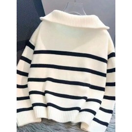 Women's Elegant White & Black Striped Winter Sweater - Thickened Long Sleeve Round Neck Zipper Collar Pullover, Soft Sweater for Fall & Winter, Casual to Formal Outfits, Machine Washable (/Beige/Gray/Black) - Versatile Layering Piece with Contrast Stripes, Medium Stretch Fabric, and Chic Zipper Detail for a Tailored Look, Cozy Sweaters for Women, Casual Long Sleeve Sweater, Womens Print Sweaters, Cardigan for Women Winter, Winter Top for Women, Sweaters for Women Office,