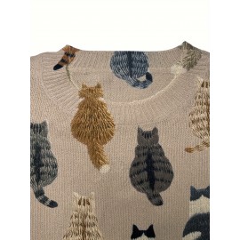Women'S All-Over Cat Back Print Sweater - Soft & Brown Tabby Cat Design, Round Neck Long Sleeve Casual Sweater, Lightweight Everyday & Formal Outfits