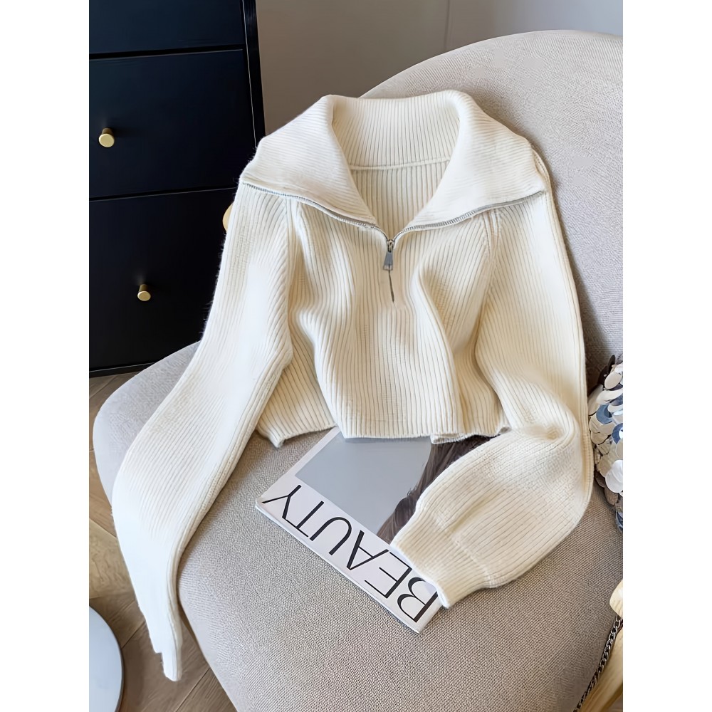 Women's Elegant Ribbed Zip-Up Sweater - Long Sleeve Stand Collar Short Length Slim Fit, Solid Color All-Season Versatile Layering Piece