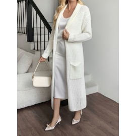 Women'S Long Cardigan - Elegant Lapel Collar Sweater, All-Season Chic Sweater for Everyday & Formal Outfits, Office, Parties - Women'S Clothing, Ladies Sweaters, Party Attire, Sophisticated Style, Durable Knitwear, Office Attire, Classic Design