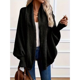 Versatile Solid Color Open Front Batwing Sleeve Cardigan for Spring & Fall, Women's Clothing
