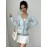Women'S Elegant Color-Block V-Neck Cardigan with Button Front - Light Blue & White Cable Long Sleeve, Casual Chic Style for All Seasons, Allseason Cardigan | Vneck Cardigan | Cable Cardigan