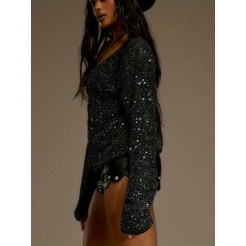 Sequined Hollow Mesh Round Neck Long Sleeve Women's Pullover, Sexy Loose Sheer Ladies Top, Versatile Nightclub Party Outfit