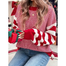 Women'S Red & White Striped Sweater - Long Sleeve Round Neck Pullover, All-Season Casual Elegant Sweater for Everyday & Formal Outfits
