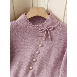 Women's Thick & Soft Sweater with Bow Buttons - Winter Warm Round Neck Long Sleeve Cozy Sweater, Beige & White Cable- Design, All-Season Casual Elegant Pullover for Fall and Winter Layering, Hand Wash or Dry Clean, Solid Color with Bow Detail, Medium Stretch, Relaxed Fit, Fleece Lining for Extra Warmth, Chic and Comfortable for Casual Attire, Cozy Sweaters For Women, Casual Long Sleeve Sweater, Oversized Knit Sweater, Colourfull Loose Sweater For Women,