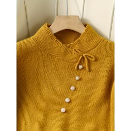 Women's Thick & Soft Sweater with Bow Buttons - Winter Warm Round Neck Long Sleeve Cozy Sweater, Beige & White Cable- Design, All-Season Casual Elegant Pullover for Fall and Winter Layering, Hand Wash or Dry Clean, Solid Color with Bow Detail, Medium Stretch, Relaxed Fit, Fleece Lining for Extra Warmth, Chic and Comfortable for Casual Attire, Cozy Sweaters For Women, Casual Long Sleeve Sweater, Oversized Knit Sweater, Colourfull Loose Sweater For Women,