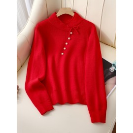 Women's Thick & Soft Sweater with Bow Buttons - Winter Warm Round Neck Long Sleeve Cozy Sweater, Beige & White Cable- Design, All-Season Casual Elegant Pullover for Fall and Winter Layering, Hand Wash or Dry Clean, Solid Color with Bow Detail, Medium Stretch, Relaxed Fit, Fleece Lining for Extra Warmth, Chic and Comfortable for Casual Attire, Cozy Sweaters For Women, Casual Long Sleeve Sweater, Oversized Knit Sweater, Colourfull Loose Sweater For Women,