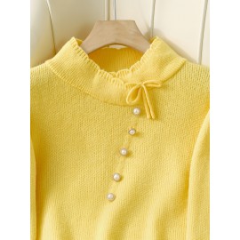 Women's Thick & Soft Sweater with Bow Buttons - Winter Warm Round Neck Long Sleeve Cozy Sweater, Beige & White Cable- Design, All-Season Casual Elegant Pullover for Fall and Winter Layering, Hand Wash or Dry Clean, Solid Color with Bow Detail, Medium Stretch, Relaxed Fit, Fleece Lining for Extra Warmth, Chic and Comfortable for Casual Attire, Cozy Sweaters For Women, Casual Long Sleeve Sweater, Oversized Knit Sweater, Colourfull Loose Sweater For Women,