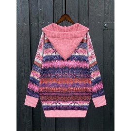 Women's Hooded Sweater - Pink, Loose Fit Long Sweater Coat with Side Pockets, Fall Winter Hooded Sweater for Everyday & Formal Outfits
