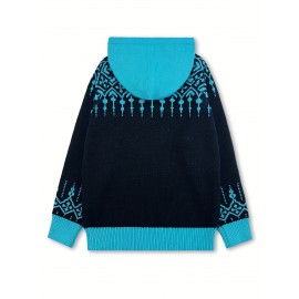 Women'S Elegant Hooded Sweatshirt - & Teal Color Block Pullover with Snowflake Pattern, Cozy Winter Sweater for Everyday & Formal Outfits