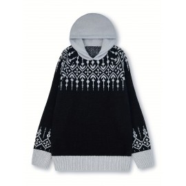 Women'S Elegant Hooded Sweatshirt - & Teal Color Block Pullover with Snowflake Pattern, Cozy Winter Sweater for Everyday & Formal Outfits