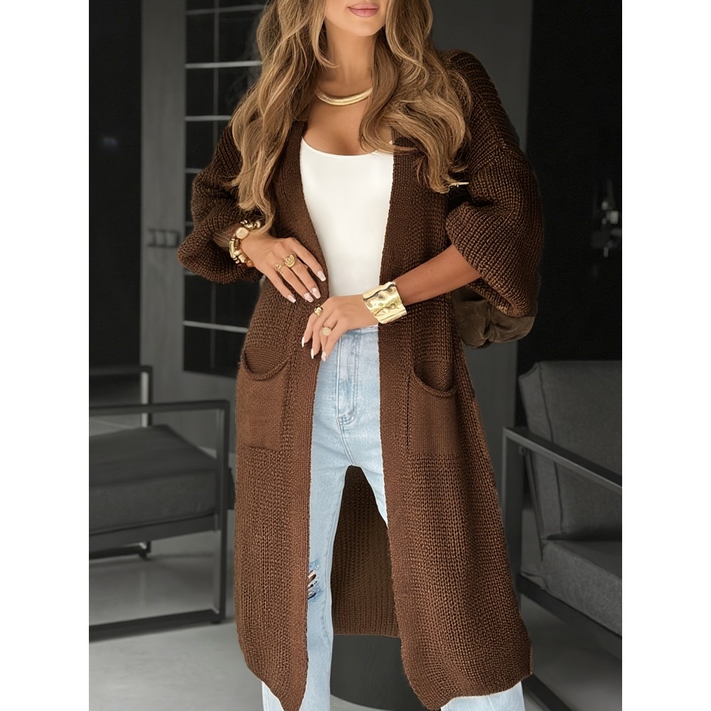 [Casual Wear Vneck Cardigan] Women's Casual V-Neck Ribbed Cardigan | Long Sleeve Button-Up with Pockets | Brown Fall/Winter Everyday Comfort
