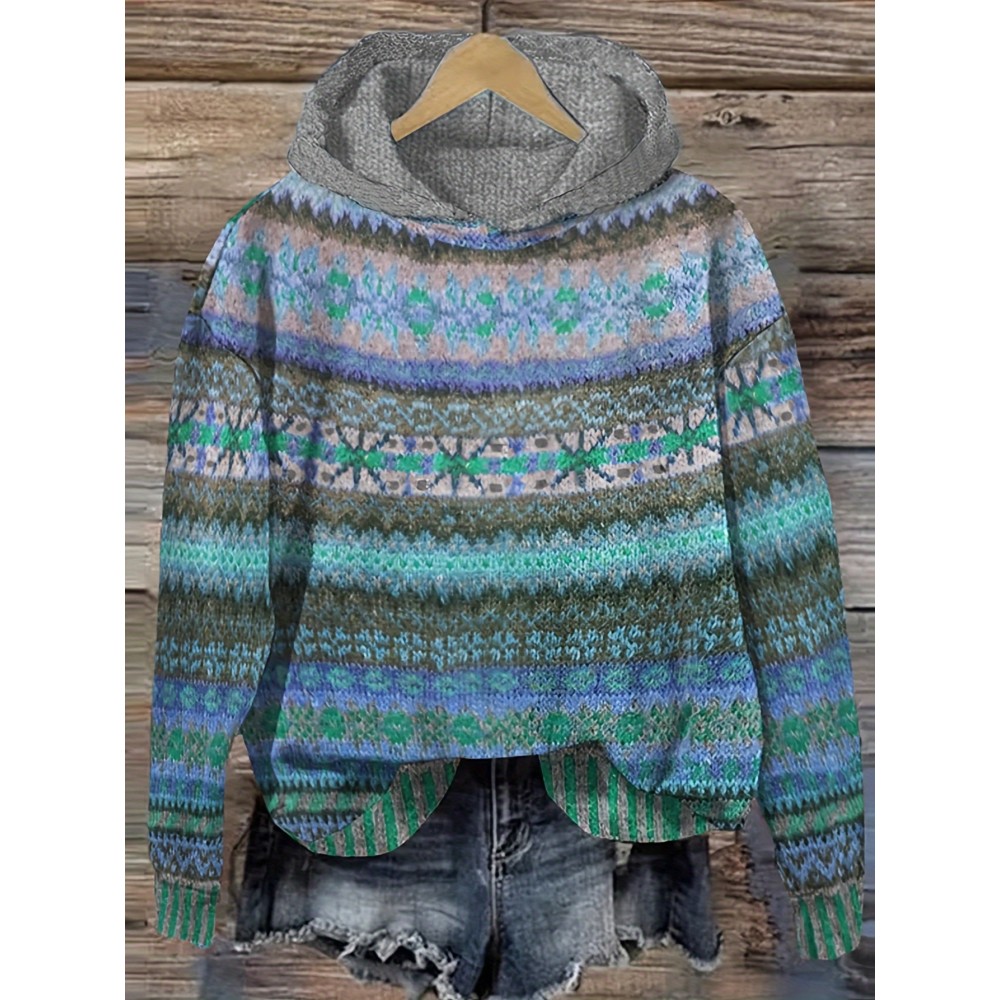 Winter Women's Elegant Hooded Sweatshirt Style Soft Jacquard Gradient Multicolor Beautiful Fashion Comfortable Casual Vintage Pullover Commuter Gift