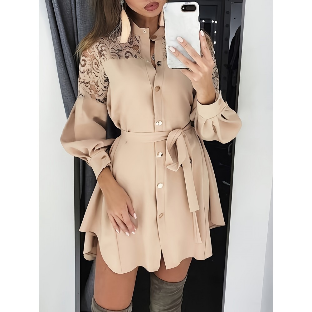 Long-sleeved lace dress with buttoned waist tie