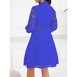 Women'S Elegant Red Lace Dress with Stand Collar & Short Sleeves - A-Line Silhouette, Zipper Back Closure, All-Season Formal & Casual Party Wedding Guest Dress