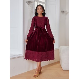 [Elegant Burgundy Dress] Elegant Burgundy Women's Dress | Long Lampshade Sleeves, Flared Hem, Belted Waist | A-Line Party, Office, Wedding Attire HRYY347