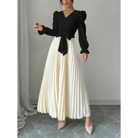 Women's Elegant V-Neck Long Sleeve A-Line Dress with Waist Tie Belt - Pleated Skirt, Machine Washable Solid Color, Spring/Summer Versatile Casual to Formal Wear, Spring Event Attire, Nontransparent Fabric, No Stretch Material