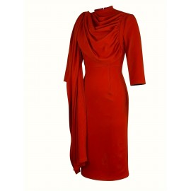 Solid Color Pleated Asymmetrical Dress, Elegant 3/4 Sleeve Bodycon Dress For Office & Work, Women's Clothing