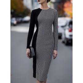 Women'S Elegant Long Sleeve Dress - & Checkered Pattern, Zipper Closure, Formal & Everyday Chic Outfit, Machine Washable Non-Stretch Fabric for Women, All-Season Versatile Party Wedding Office Dress, Dresses for Wedding Guest