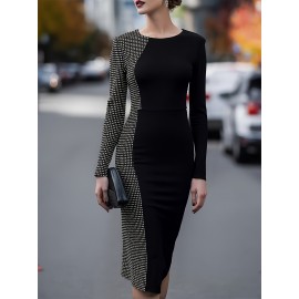 Women'S Elegant Long Sleeve Dress - & Checkered Pattern, Zipper Closure, Formal & Everyday Chic Outfit, Machine Washable Non-Stretch Fabric for Women, All-Season Versatile Party Wedding Office Dress, Dresses for Wedding Guest