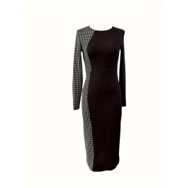 Women'S Elegant Long Sleeve Dress - & Checkered Pattern, Zipper Closure, Formal & Everyday Chic Outfit, Machine Washable Non-Stretch Fabric for Women, All-Season Versatile Party Wedding Office Dress, Dresses for Wedding Guest