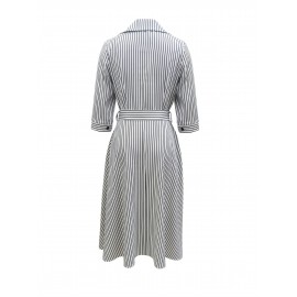 [Elegant Office to Party Dress] Women's Elegant Office to Party Dress - White & Black Vertical stripes, Structured Formal attire with Belted Waist, All-Season Professional & Evening Outfits for Women, Business Casual, Classic Collar, Polished Finish, Stylish Blouse, Working Women, Commute Attire, Work Attire, Stylish Outfit, Attire