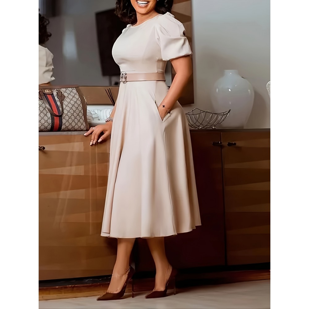 Crew Neck Big Swing With Pocket Essential Dress, Elegant Puff Sleeve Dress For Spring & Summer, Women's Clothing