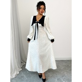 Women's Elegant Long Formal/Party/Office Dress - Flared A-Line Silhouette, Structured Non-Stretchy Fabric for Fall/Winter Events - Classic Women's Evening Gown, Elegant Evening Dresses, Formal Event Attire, Notched Collar Design, Decorative Bow Accent, Semitransparent Material