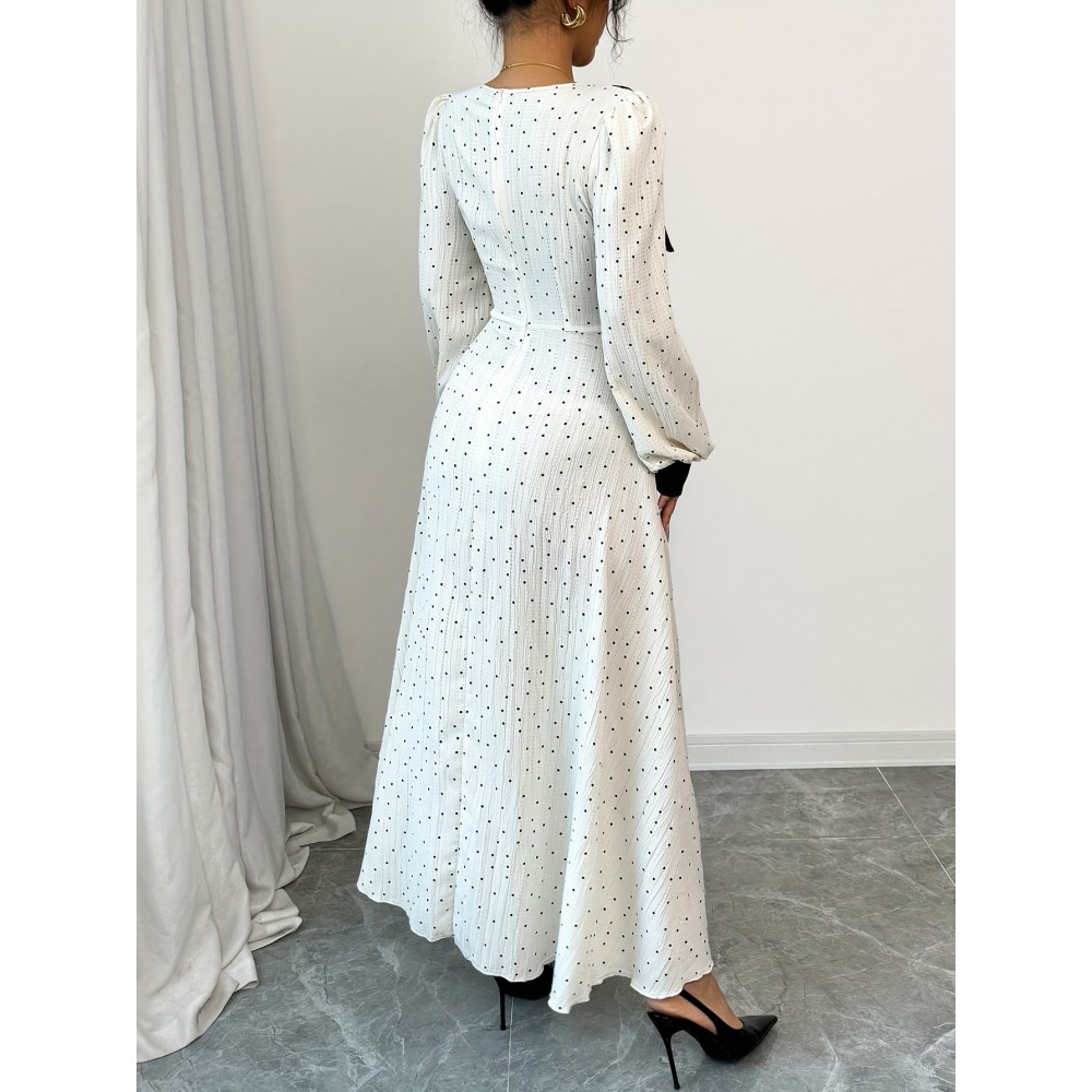 Women's Elegant Long Formal/Party/Office Dress - Flared A-Line Silhouette, Structured Non-Stretchy Fabric for Fall/Winter Events - Classic Women's Evening Gown, Elegant Evening Dresses, Formal Event Attire, Notched Collar Design, Decorative Bow Accent, Semitransparent Material