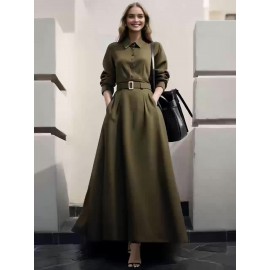 Elegant Slimming Waist-Cinching A-Line Dress with Button Detail - Polyester, Machine Washable - Perfect for All Seasons