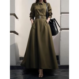 Elegant Slimming Waist-Cinching A-Line Dress with Button Detail - Polyester, Machine Washable - Perfect for All Seasons