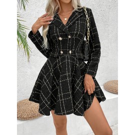 [Houndstooth Suit Dress] Women's Houndstooth Suit Dress | Double-Breasted A-Line Jacket & Dress | Structured Fit Short-Medium Length | Weddings, Business, Office | Black/White/Beige Trench Coat Style (Machine Washable)