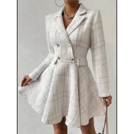 [Houndstooth Suit Dress] Women's Houndstooth Suit Dress | Double-Breasted A-Line Jacket & Dress | Structured Fit Short-Medium Length | Weddings, Business, Office | Black/White/Beige Trench Coat Style (Machine Washable)