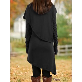 Women'S Fashion Long Sleeve High Neck Asymmetrical Tunic Dress, Solid Color, Polyester, Casual Style, Pencil Skirt, All-Season, Knit Fabric, Adult Size