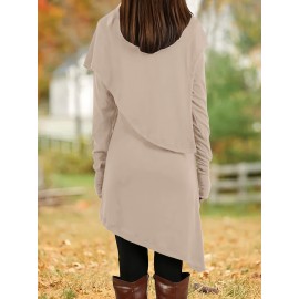 Women'S Fashion Long Sleeve High Neck Asymmetrical Tunic Dress, Solid Color, Polyester, Casual Style, Pencil Skirt, All-Season, Knit Fabric, Adult Size