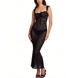 1pc Elegant Polyester Lace Sleeveless Maxi Dress for Women - Sexy Backless Bodycon Cami with Sweetheart Neckline, Solid Color, All-Season, Weave Knit Fabric