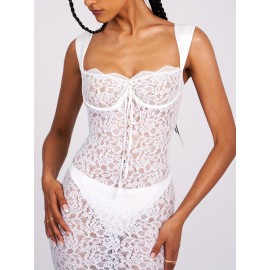 1pc Elegant Polyester Lace Sleeveless Maxi Dress for Women - Sexy Backless Bodycon Cami with Sweetheart Neckline, Solid Color, All-Season, Weave Knit Fabric