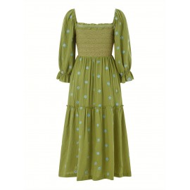 Women'S Floral Embroidered Maxi Dress with Puff Sleeves, Square Neck, Draped Tiered A-Line Skirt, 100% Polyester, Casual Summer Knit Fabric - Flowy Long Dress