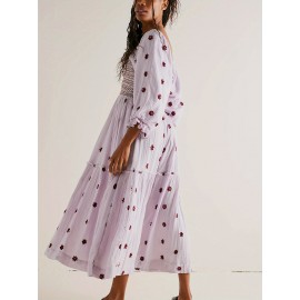 Women'S Floral Embroidered Maxi Dress with Puff Sleeves, Square Neck, Draped Tiered A-Line Skirt, 100% Polyester, Casual Summer Knit Fabric - Flowy Long Dress