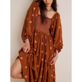 Women'S Floral Embroidered Maxi Dress with Puff Sleeves, Square Neck, Draped Tiered A-Line Skirt, 100% Polyester, Casual Summer Knit Fabric - Flowy Long Dress