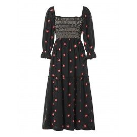 Women'S Floral Embroidered Maxi Dress with Puff Sleeves, Square Neck, Draped Tiered A-Line Skirt, 100% Polyester, Casual Summer Knit Fabric - Flowy Long Dress