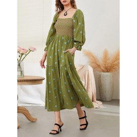 Women'S Floral Embroidered Maxi Dress with Puff Sleeves, Square Neck, Draped Tiered A-Line Skirt, 100% Polyester, Casual Summer Knit Fabric - Flowy Long Dress