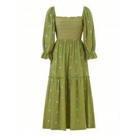 Women'S Floral Embroidered Maxi Dress with Puff Sleeves, Square Neck, Draped Tiered A-Line Skirt, 100% Polyester, Casual Summer Knit Fabric - Flowy Long Dress
