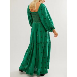 Women'S Floral Embroidered Maxi Dress with Puff Sleeves, Square Neck, Draped Tiered A-Line Skirt, 100% Polyester, Casual Summer Knit Fabric - Flowy Long Dress