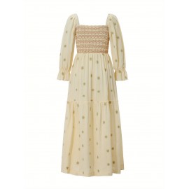 Women'S Floral Embroidered Maxi Dress with Puff Sleeves, Square Neck, Draped Tiered A-Line Skirt, 100% Polyester, Casual Summer Knit Fabric - Flowy Long Dress