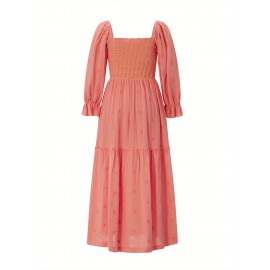 Women'S Floral Embroidered Maxi Dress with Puff Sleeves, Square Neck, Draped Tiered A-Line Skirt, 100% Polyester, Casual Summer Knit Fabric - Flowy Long Dress