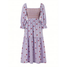 Women'S Floral Embroidered Maxi Dress with Puff Sleeves, Square Neck, Draped Tiered A-Line Skirt, 100% Polyester, Casual Summer Knit Fabric - Flowy Long Dress