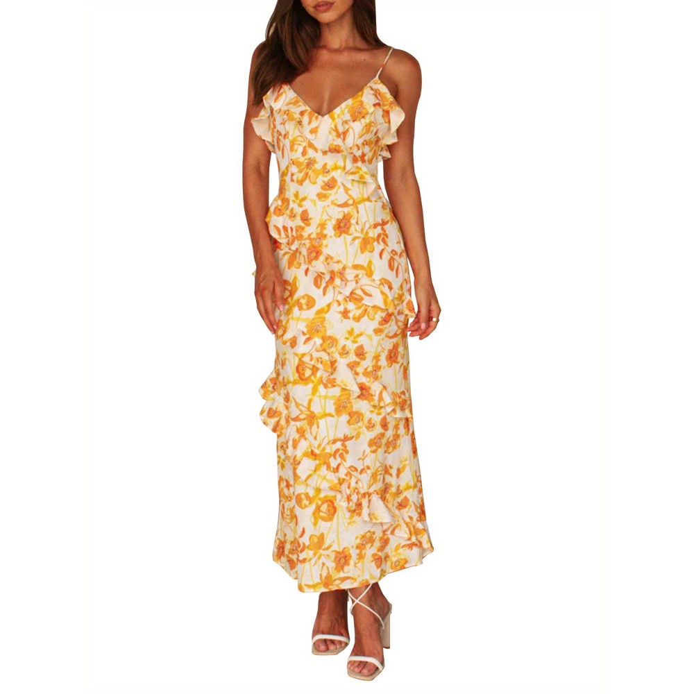 Women'S Floral Print Spaghetti Strap V-Neck Ruffle Trim Slip Dress, Polyester Blend, Casual Woven Maxi Dress for Adults - All Season Suitable