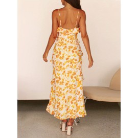 Women'S Floral Print Spaghetti Strap V-Neck Ruffle Trim Slip Dress, Polyester Blend, Casual Woven Maxi Dress for Adults - All Season Suitable